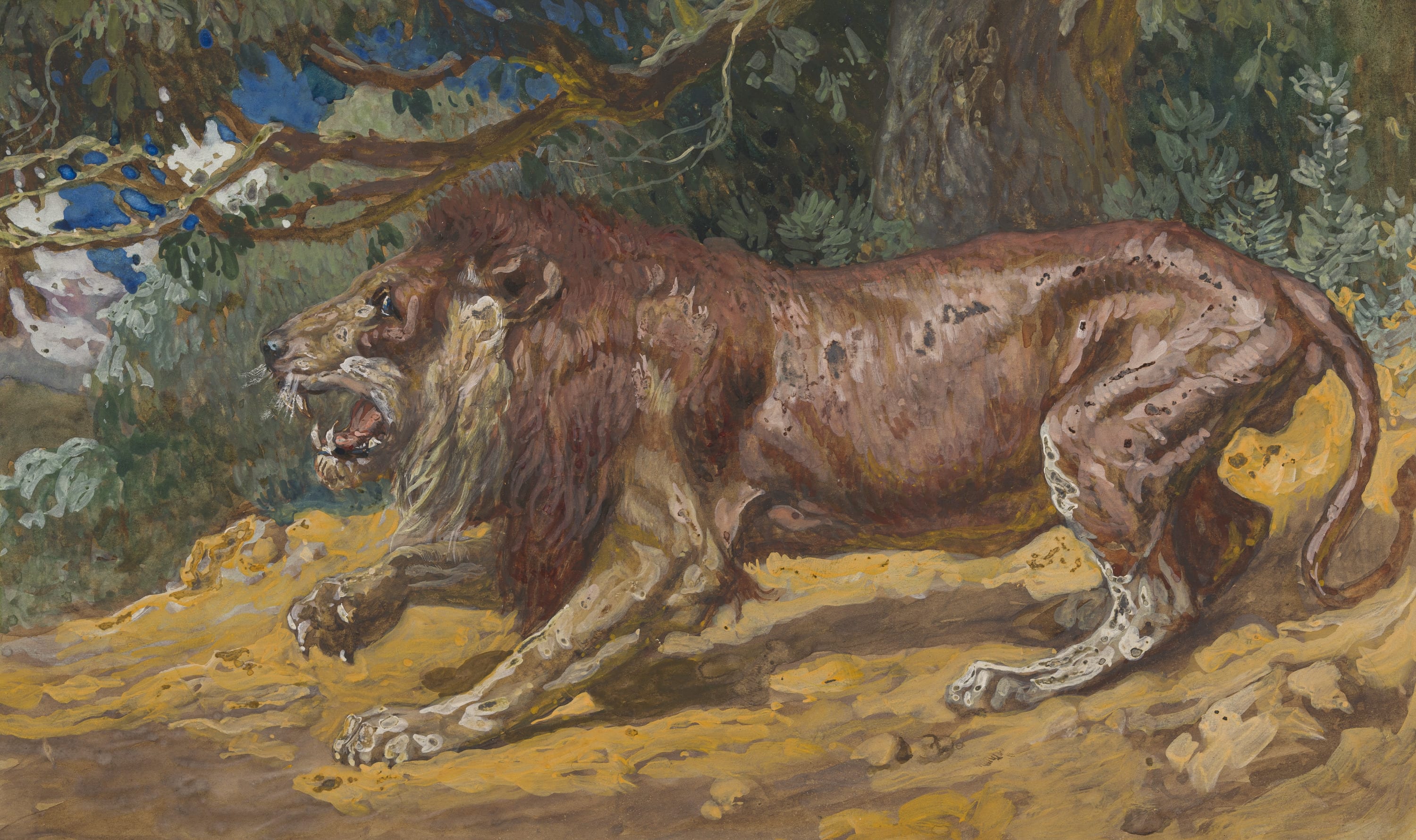 James Jacques Joseph Tissot (French, 1836-1902) and followers, The Lion Seeketh Whom He May Devour (Le lion cherche à dévorer), Gouache on board, c. 1896-1902