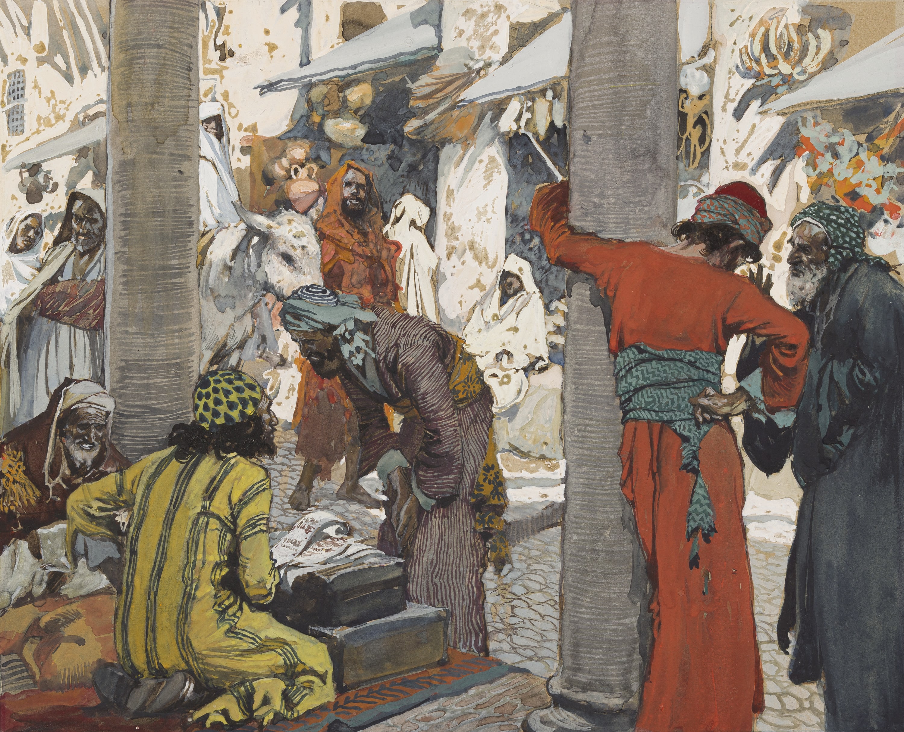 James Jacques Joseph Tissot (French, 1836-1902) and followers, Deceit and Guile Depart Not From Herr Streets (L'usure et la fraude), Gouache on board, c. 1896-1902