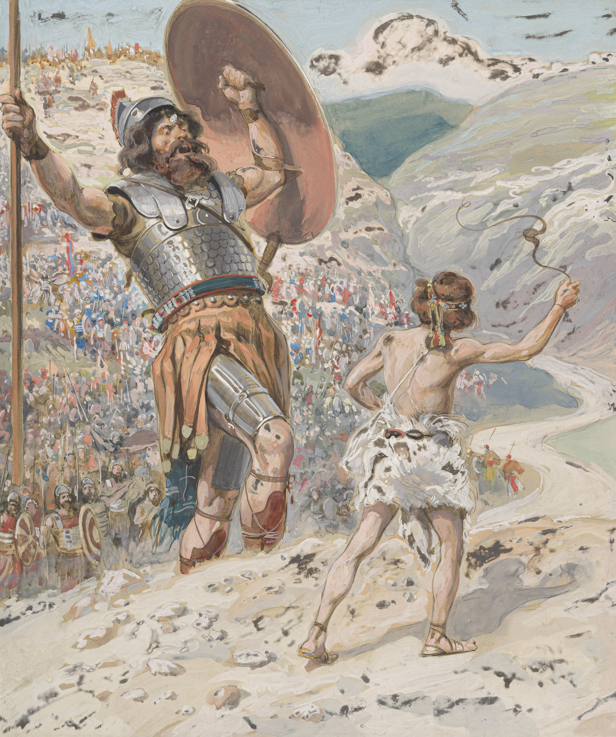 James Jacques Joseph Tissot (French, 1836-1902) and followers, David Slings the Stone (David lance sa fronde), Gouache on board, c. 1896-1902
