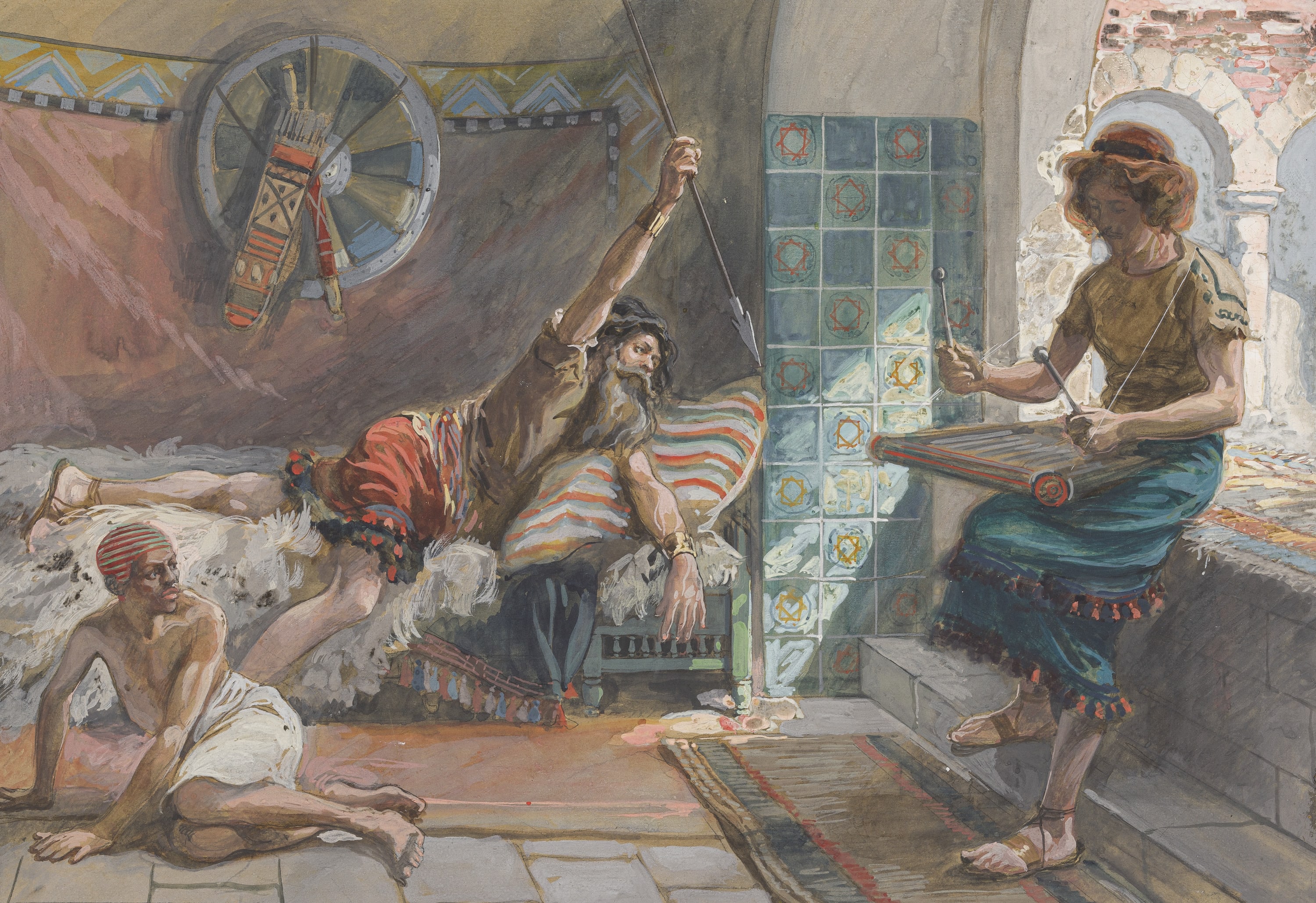 James Jacques Joseph Tissot (French, 1836-1902) and followers, Saul Endeavours to Pierce David (Saül essaie de percer David de sa lance), Gouache on board, c. 1896-1902