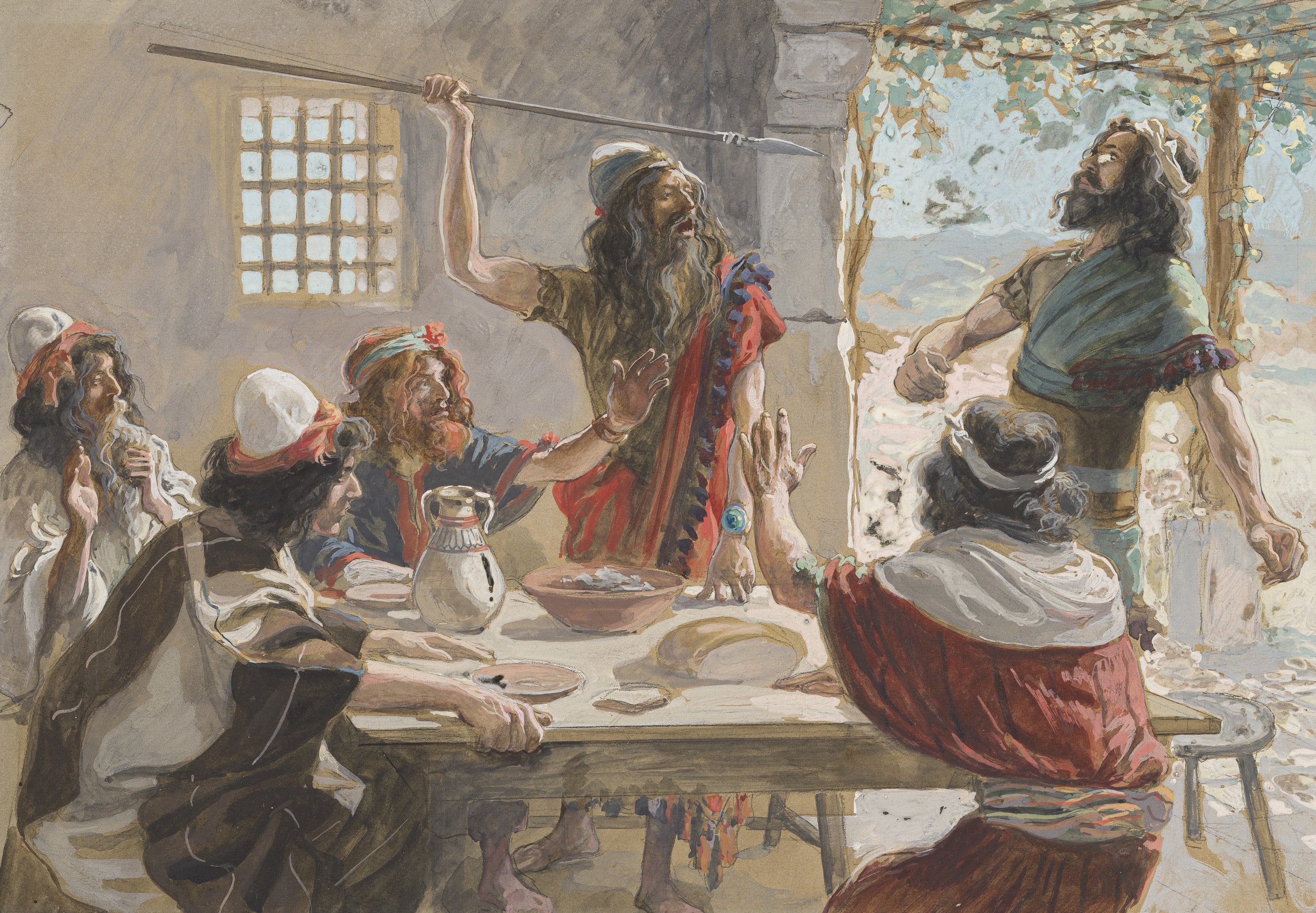 James Jacques Joseph Tissot (French, 1836-1902) and followers, Saul Casts a Javelin at Jonathan (Saul tente de percer Jonathas), Gouache on board, c. 1896-1902