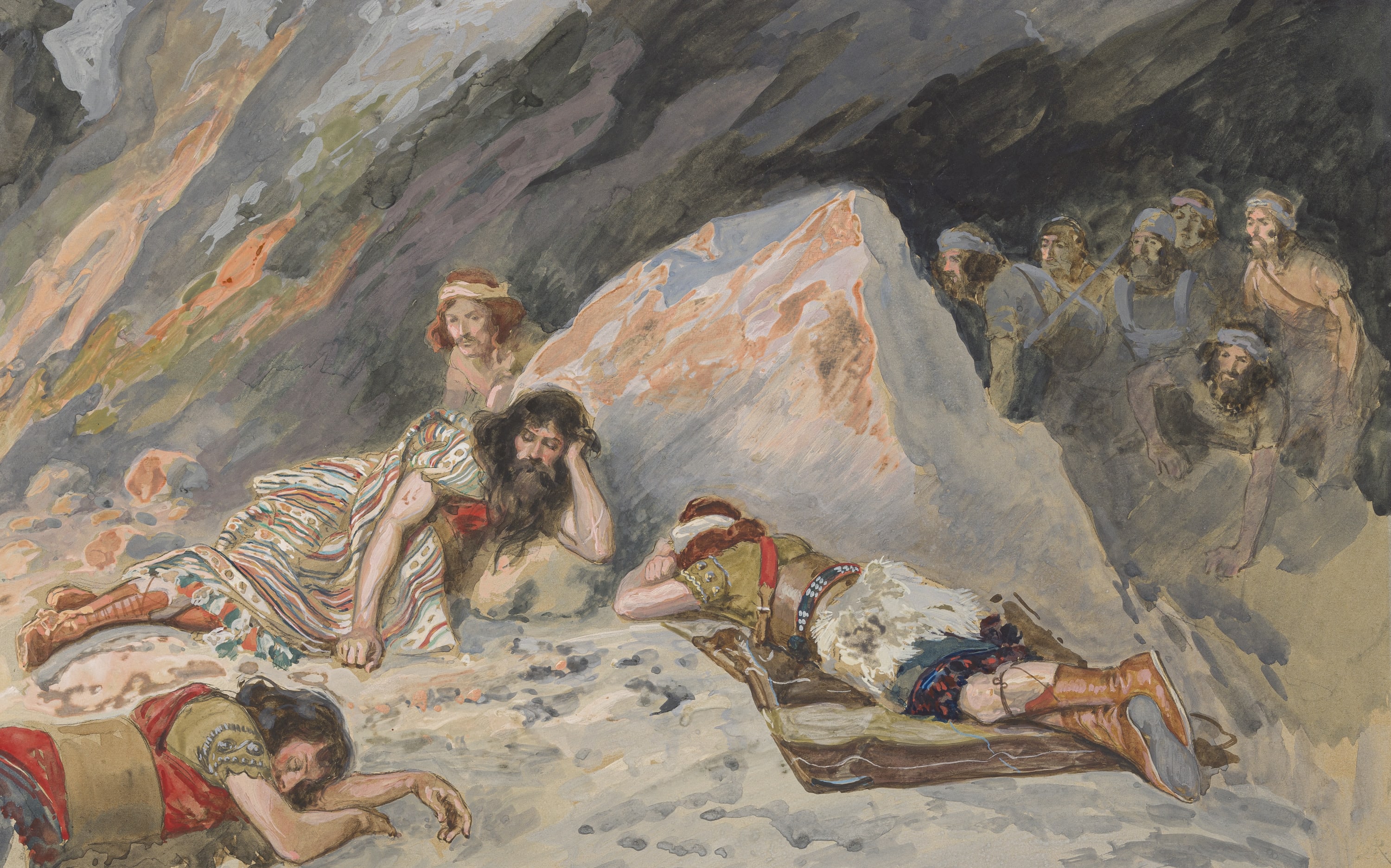 James Jacques Joseph Tissot (French, 1836-1902) and followers, David Cuts the Skirt of Saul (David coupe le bord du vètement de Saül), Gouache on board, c. 1896-1902