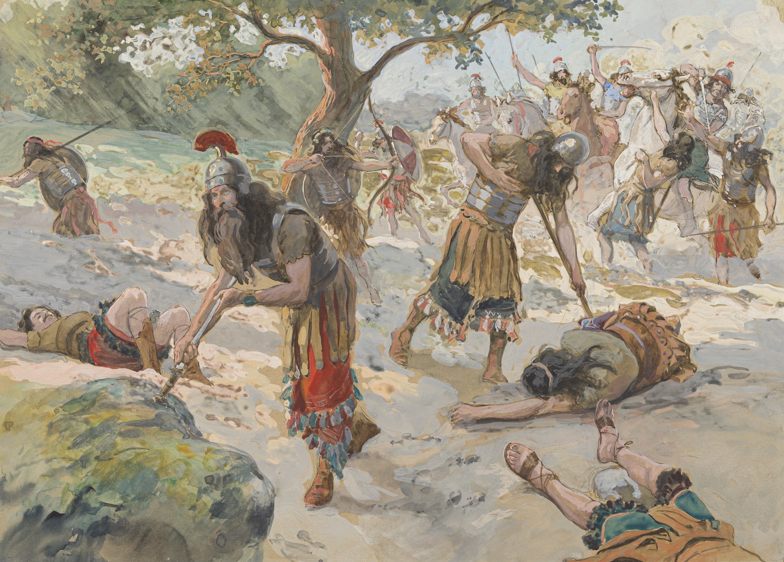 James Jacques Joseph Tissot (French, 1836-1902) and followers, Saul Falls Upon His Sword (Saül se jette sur son épée), Gouache on board, c. 1896-1902