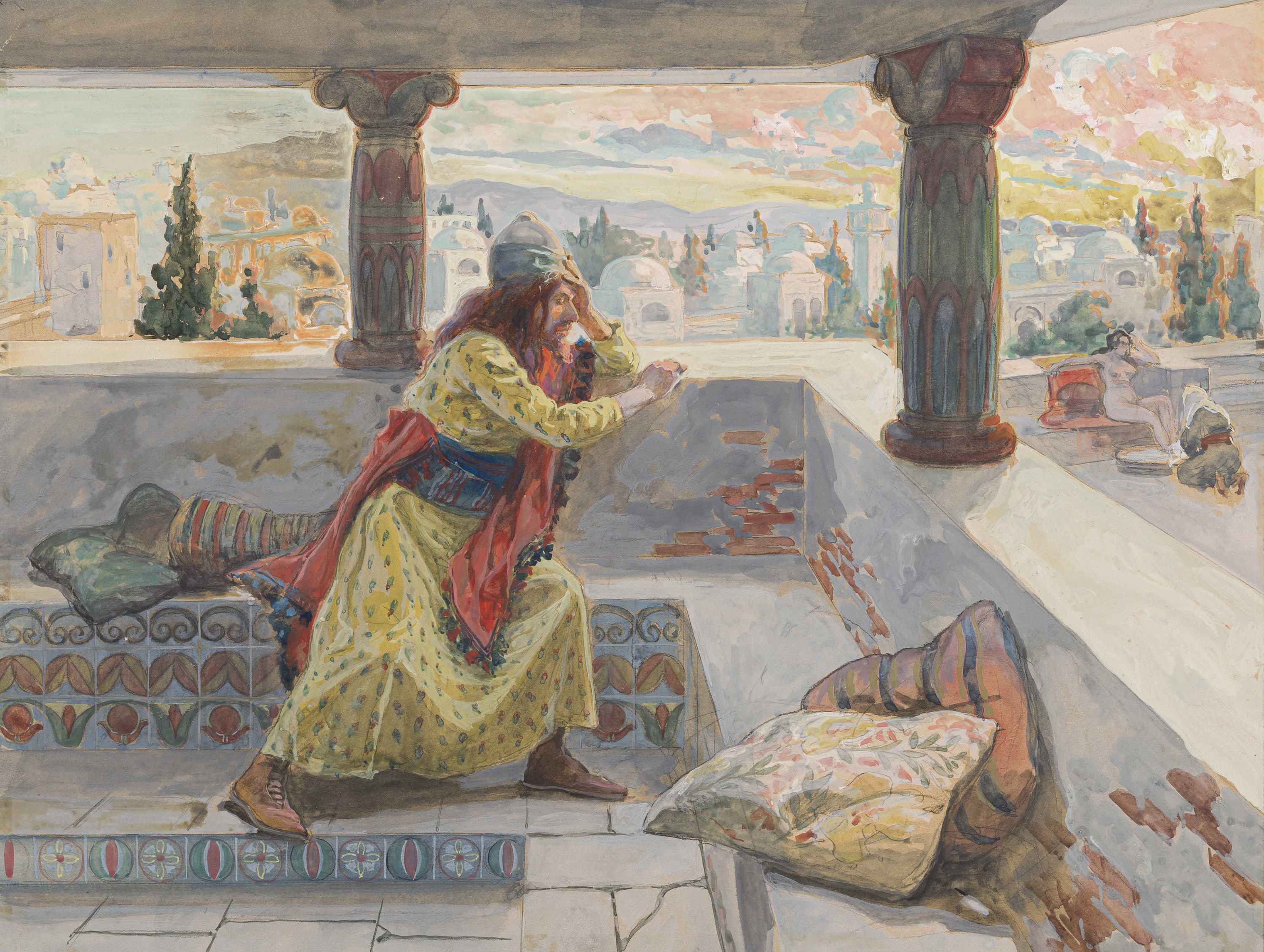 James Jacques Joseph Tissot (French, 1836-1902) and followers, David Sees Bath-Sheba Bathing (David voit Bethsabée qui se baigne), Gouache on board, c. 1896-1902