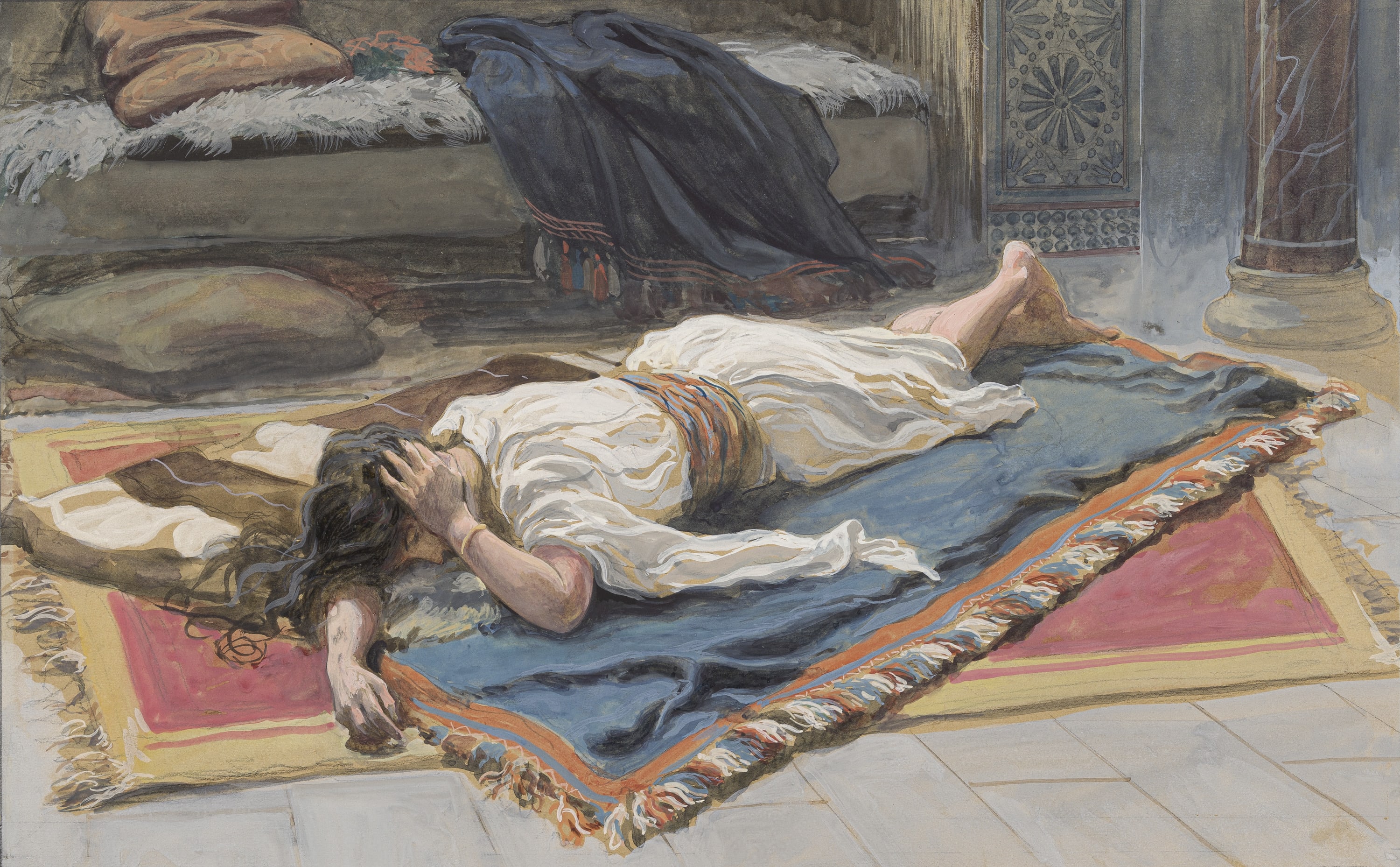 James Jacques Joseph Tissot (French, 1836-1902) and followers, Bath-Sheba Mourns Her Husband (Bethsabée pleure son mari), Gouache on board, c. 1896-1902
