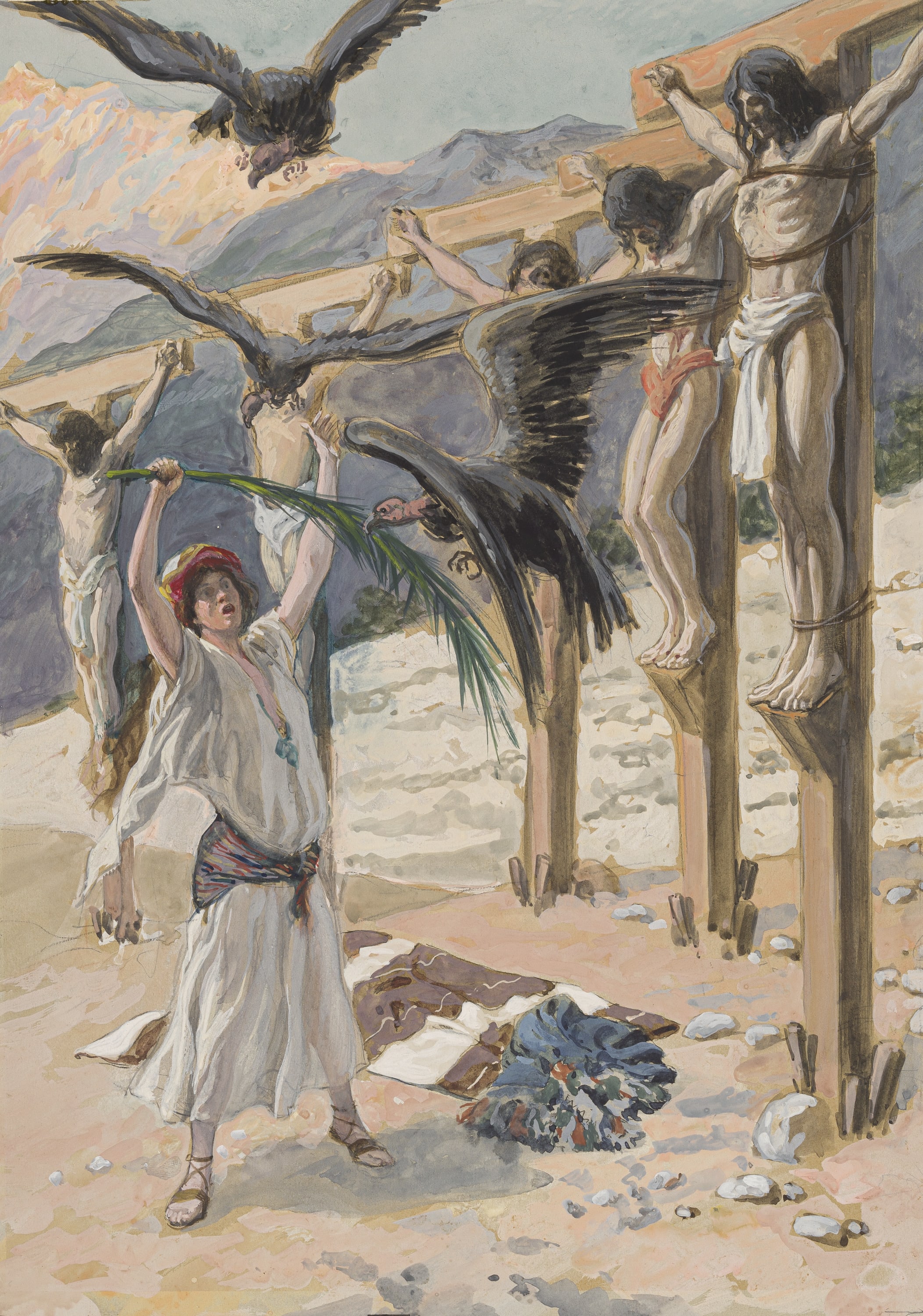 James Jacques Joseph Tissot (French, 1836-1902) and followers, Rizpah's Kindness Toward the Dead (Respha chasse les oiseaux de proie), Gouache on board, c. 1896-1902