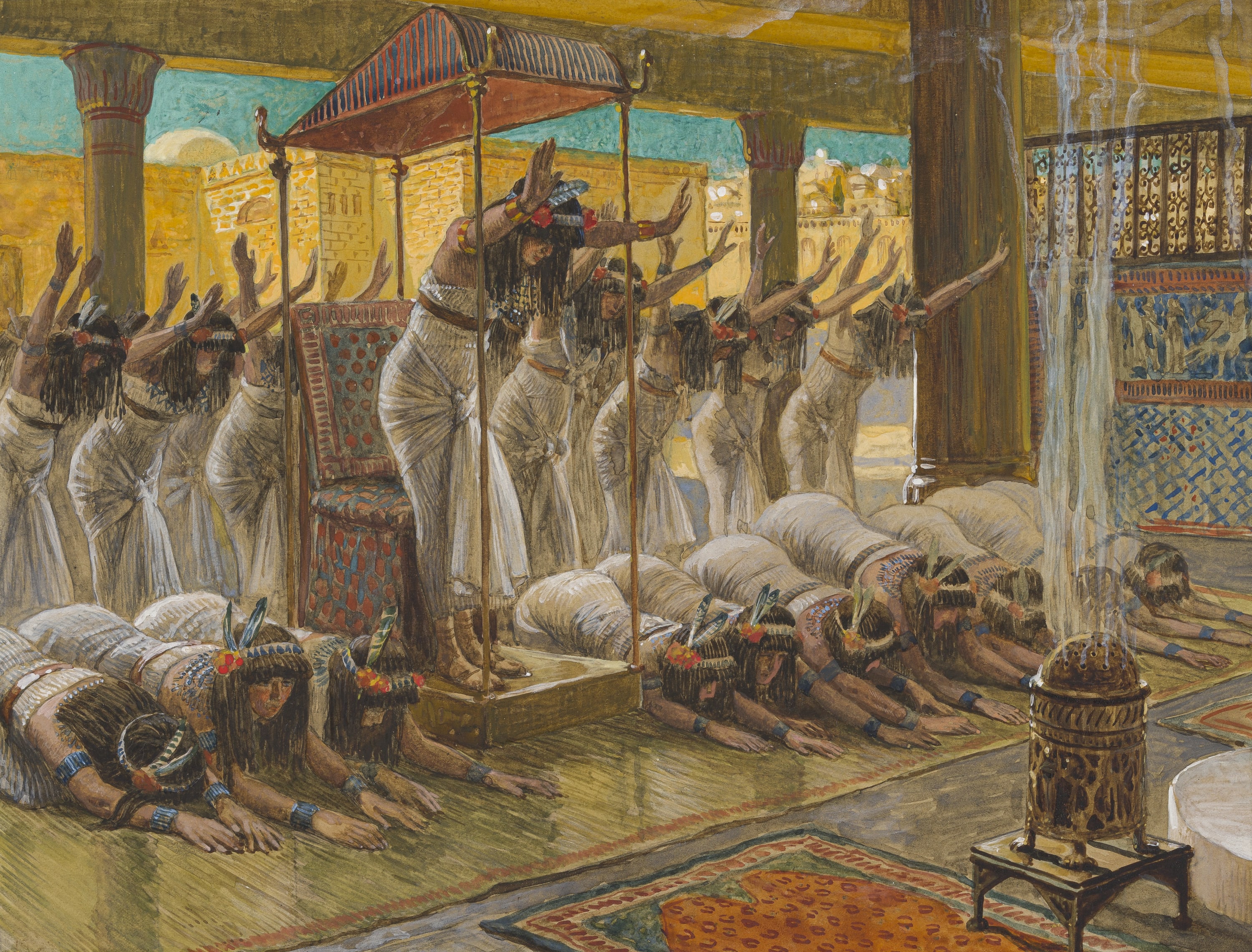 James Jacques Joseph Tissot (French, 1836-1902) and followers, The Queen of Sheba Visits Solomon (L'entrée de la reine de Saba), Gouache on board, c. 1896-1902