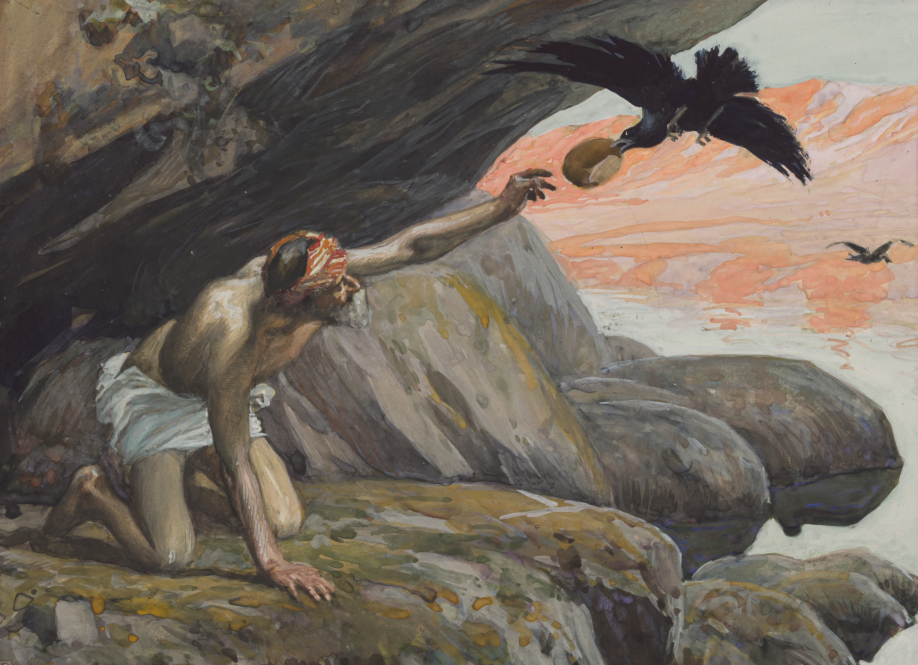 James Jacques Joseph Tissot (French, 1836-1902) and followers, Elijah Fed by the Ravens (Les corbeaux apportent du pain à Élie), Gouache on board, c. 1896-1902