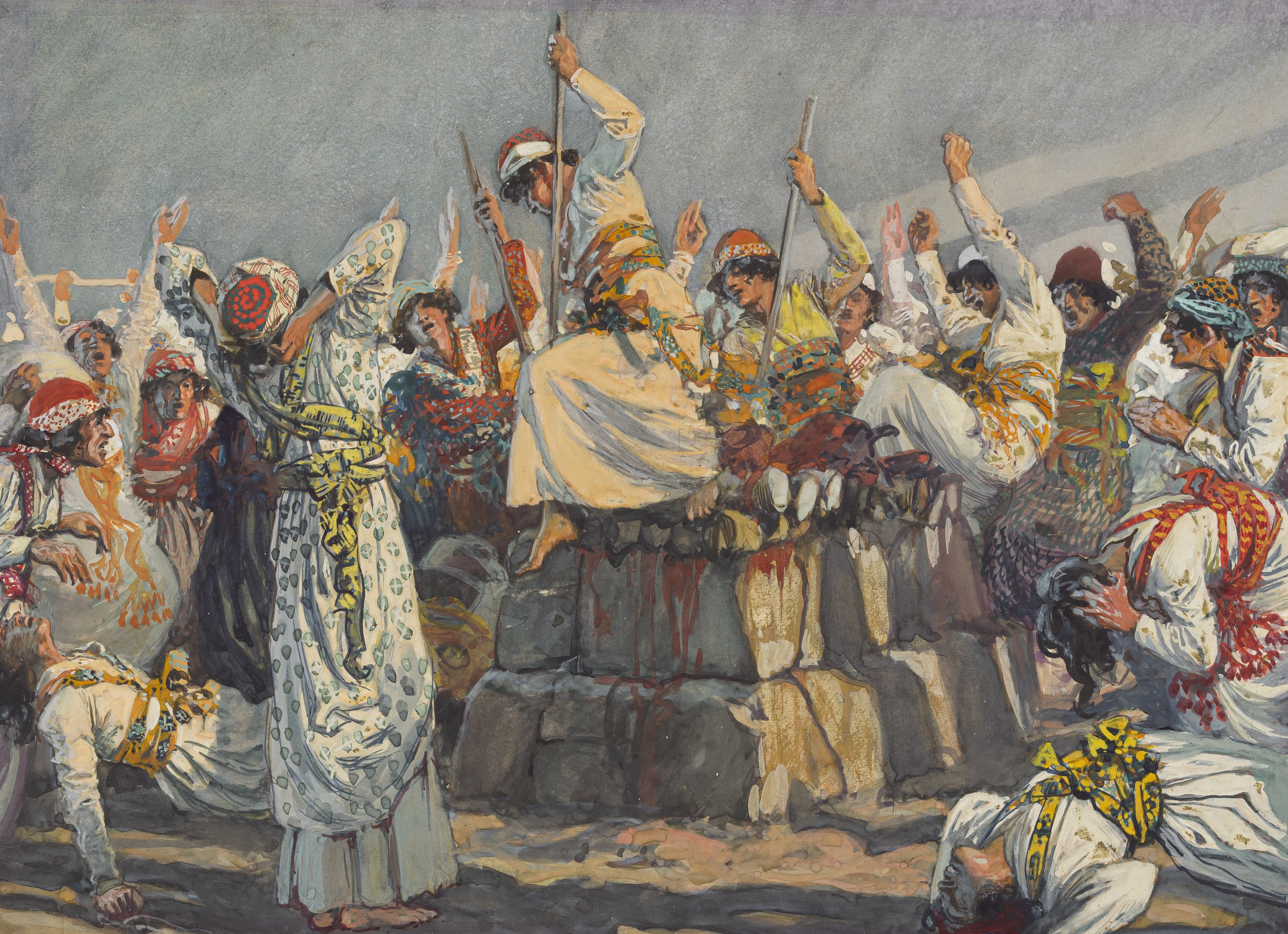 James Jacques Joseph Tissot (French, 1836-1902) and followers, The Prophets of Baal Leap Upon the Altar (Les païens sautent sur l'autel), Gouache on board, c. 1896-1902