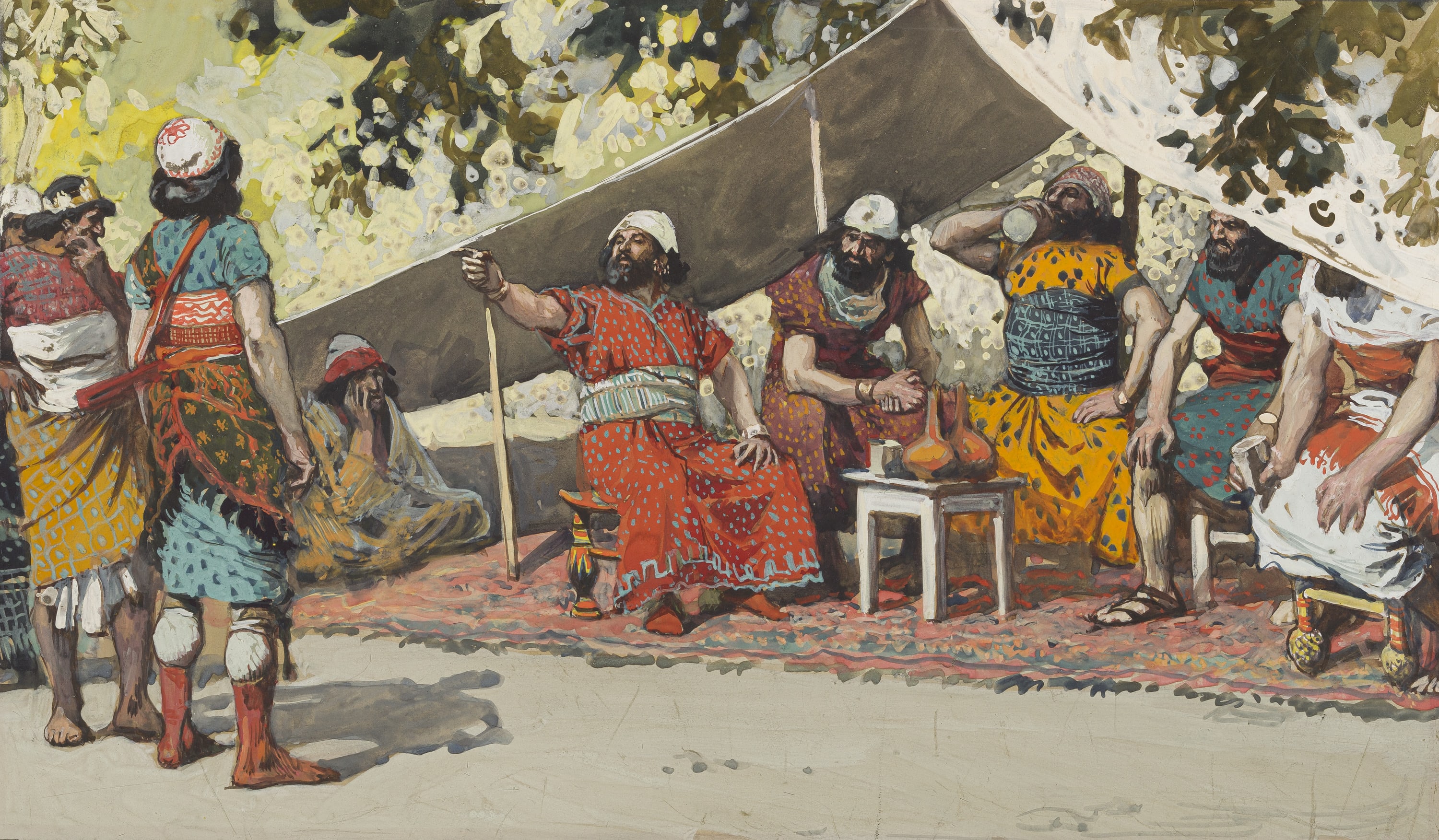 James Jacques Joseph Tissot (French, 1836-1902) and followers, Ben-Hadad and the Kings Drinking in the Tent (Les cing rois boivent sous la tente), Gouache on board, c. 1896-1902