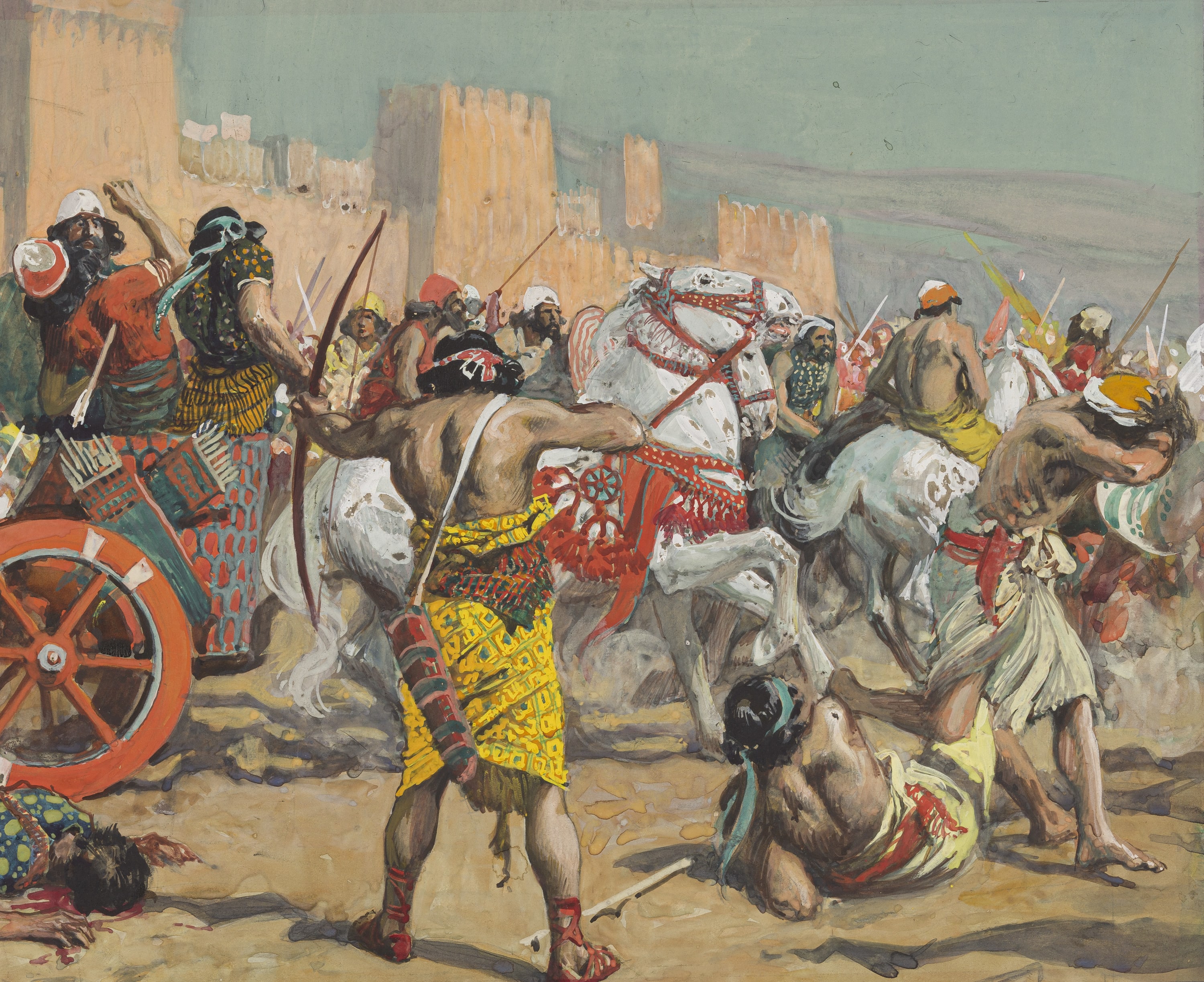 James Jacques Joseph Tissot (French, 1836-1902) and followers, Jehoram is Pierced With an Arrow (Joram est tué par une flèche), Gouache on board, c. 1896-1902