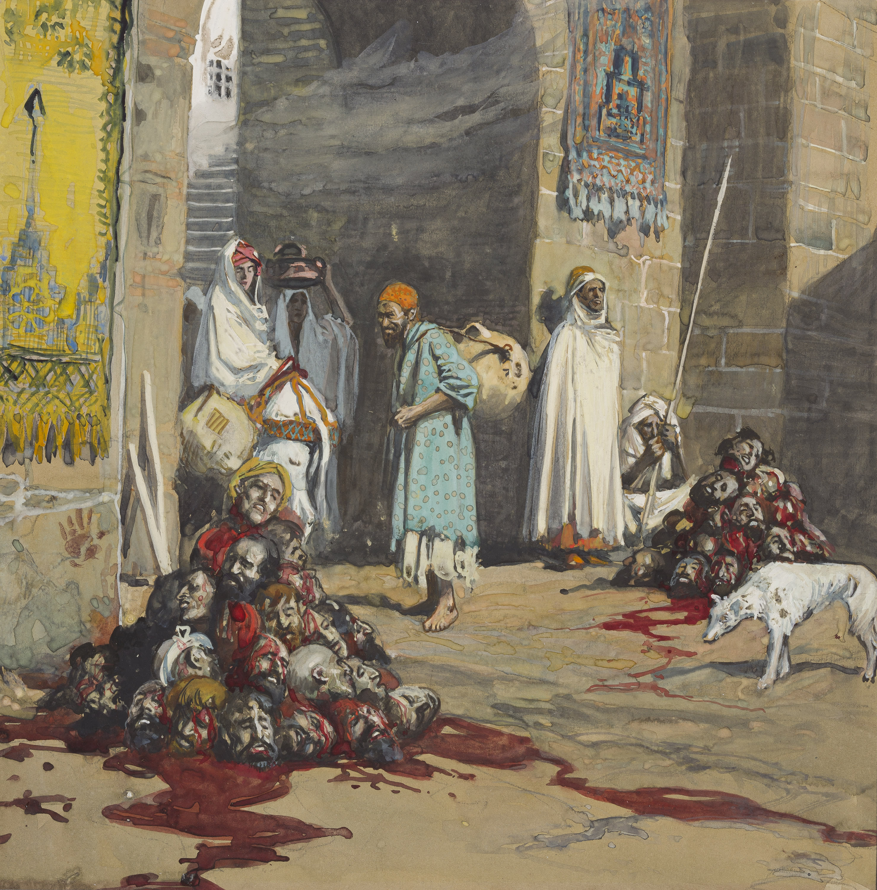 James Jacques Joseph Tissot (French, 1836-1902) and followers, The Two Heaps of Skulls at the City Gate	(Les deux monceaux des tètes à l'entrée de la ville), Gouache on board, c. 1896-1902