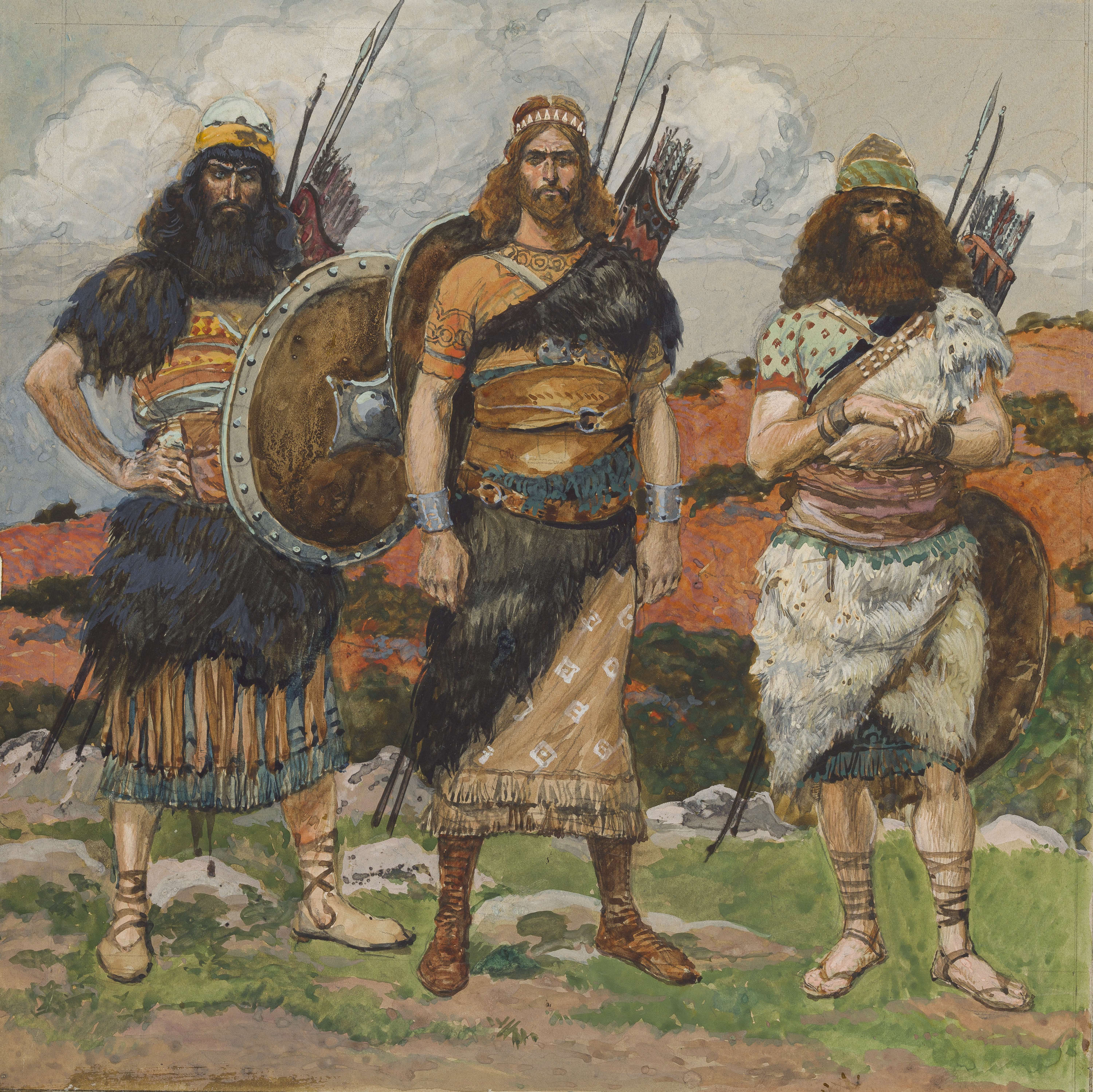 James Jacques Joseph Tissot (French, 1836-1902) and followers, Three of David's Captains (Trois des braves de David), Gouache on board, c. 1896-1902