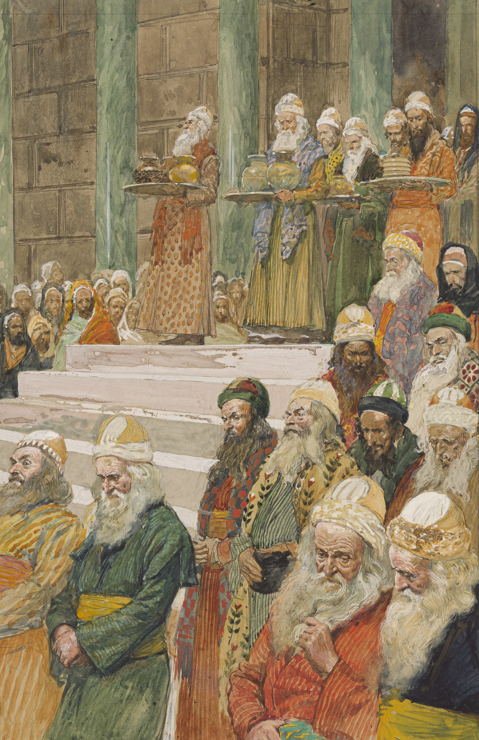 James Jacques Joseph Tissot (French, 1836-1902) and followers, The Treasurers and Keepers of the Vases (Les trèsoriers et les gardiens des vases), Gouache on board, c. 1896-1902