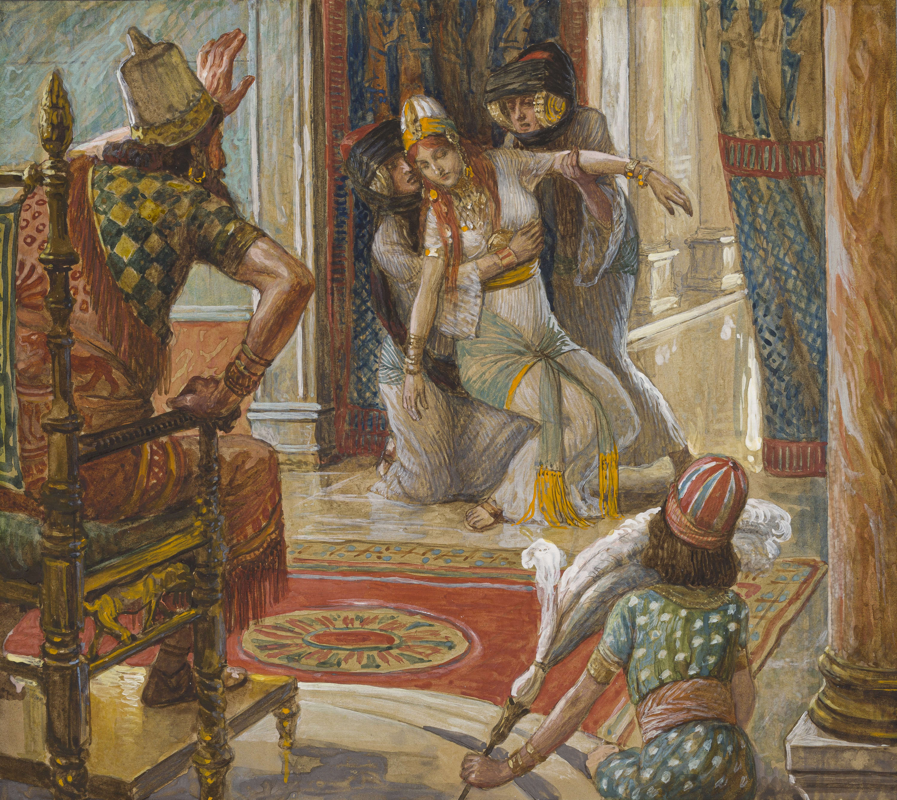 James Jacques Joseph Tissot (French, 1836-1902) and followers, Esther Before Ahasuerus (Esther se trouve mal devant Assuérus), Gouache on board, c. 1896-1902