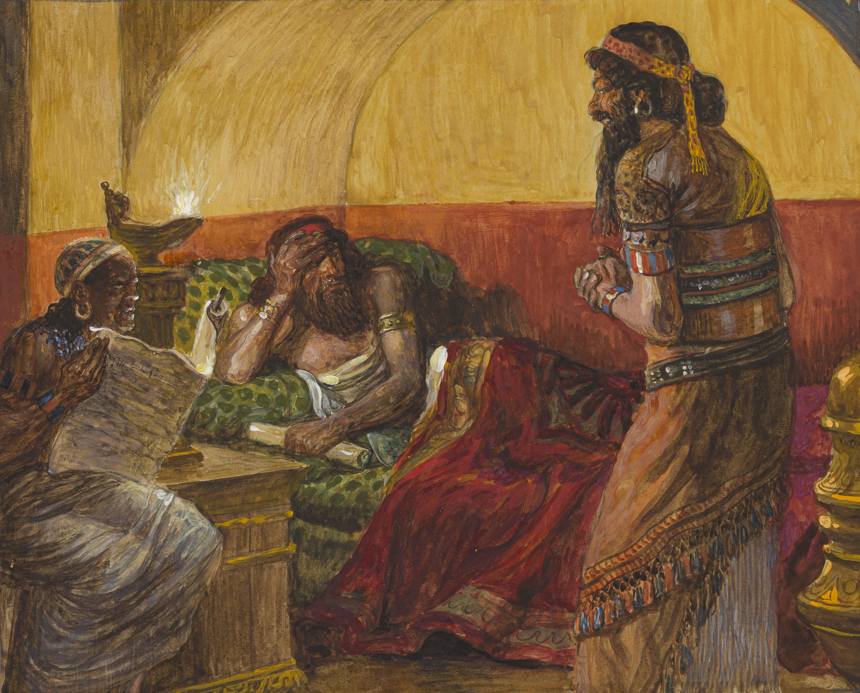 James Jacques Joseph Tissot (French, 1836-1902) and followers, The Chronicles Are Read to Ahasuerus (On lit à Assuérus le journal du règne), Gouache on board, c. 1896-1902