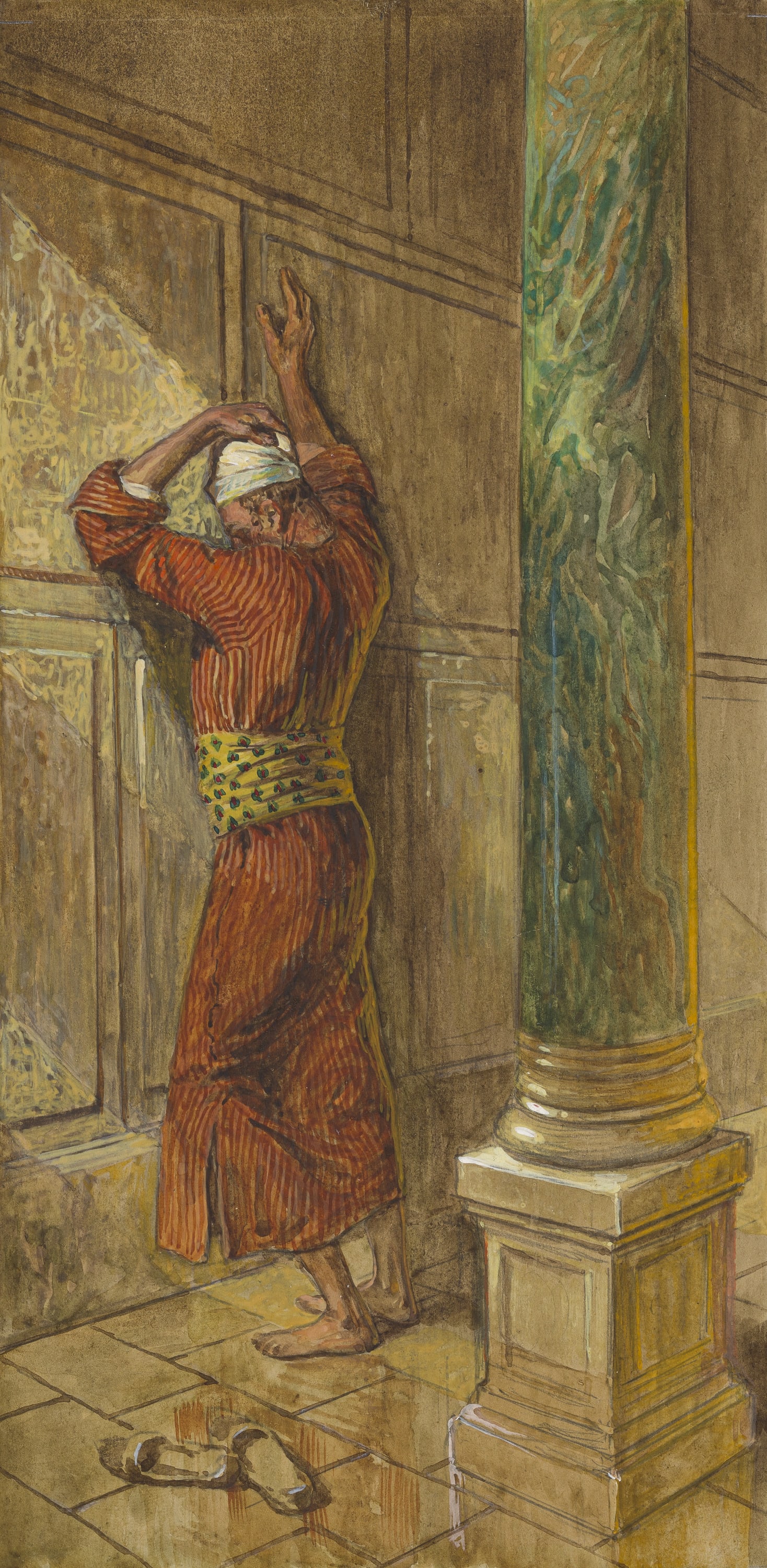James Jacques Joseph Tissot (French, 1836-1902) and followers, Praying in the Temple (Le publicain priant dans le temple), Gouache on board, c. 1896-1902