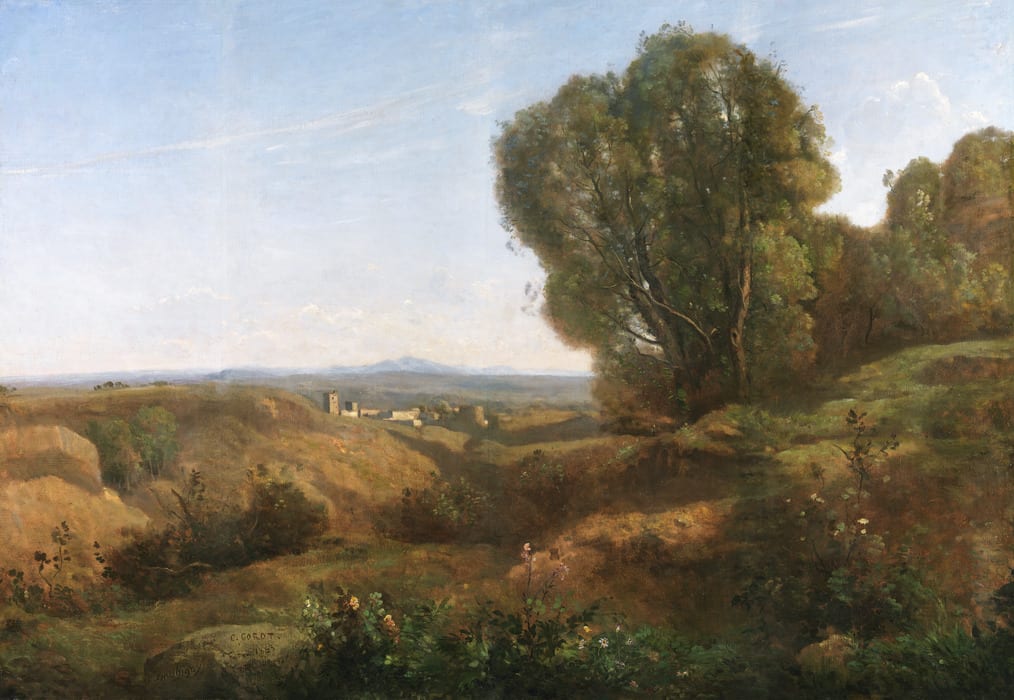 Horizontal painting of rolling brown and green hills against a blue sky. On the right side a row of trees stretches to the top of the canvas, and in the background a small town.