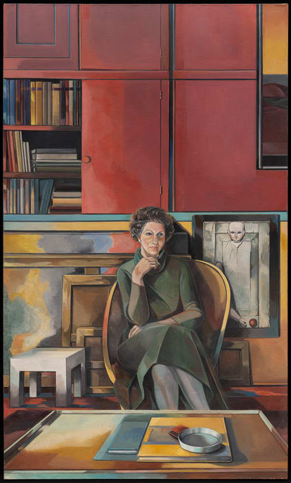 Painting of an older white woman in a green sweater dress, her brown hair coiffed upwards. She sits in a curved chair in front of red cabinets with books and stacked colorful paintings.
