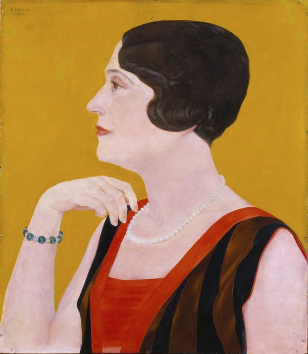 painting of a woman in profile.She has pale skin, and red and brown sleeveless dress, pearls and short styled hair. She is against a gold background