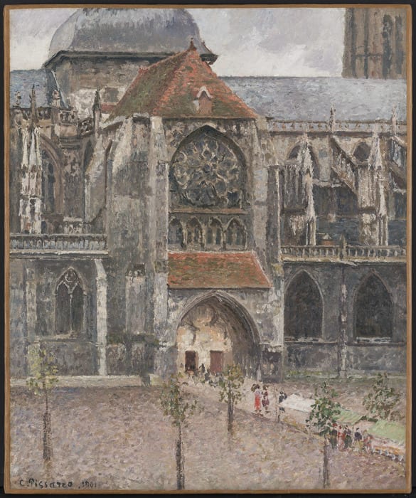 A painting of a large, gothic-style church with spires and large windows. The painting is done in a blurry, dotted style. 