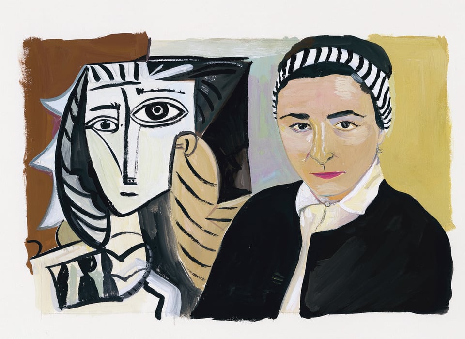 Horizontal portrait with two faces. To the left, a geometric, abstract face in black lines on white. To the right and in front a light skinned woman dressed in black and white looking out at the viewer.