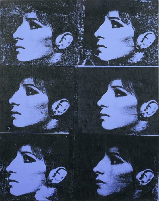 Six identical black and blue silk screened portraits of Barbara Streisand arranged in a grid, 3 high and 2 wide.