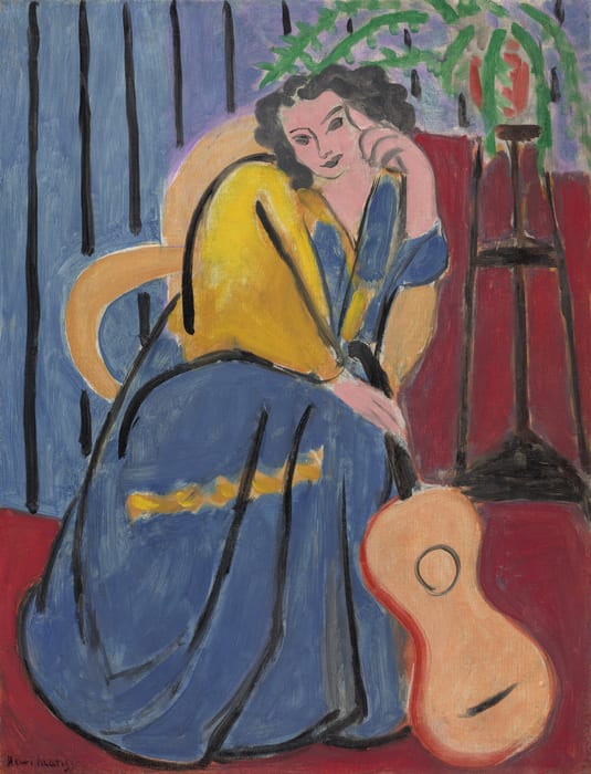 Colorful vertical painting of a light skinned woman sitting, head resting on her hand. She wears a blue and yellow dress of brushy paint strokes. She holds a guitar resting along the length on her leg. There is a red floor and blue walls, and a plant on a