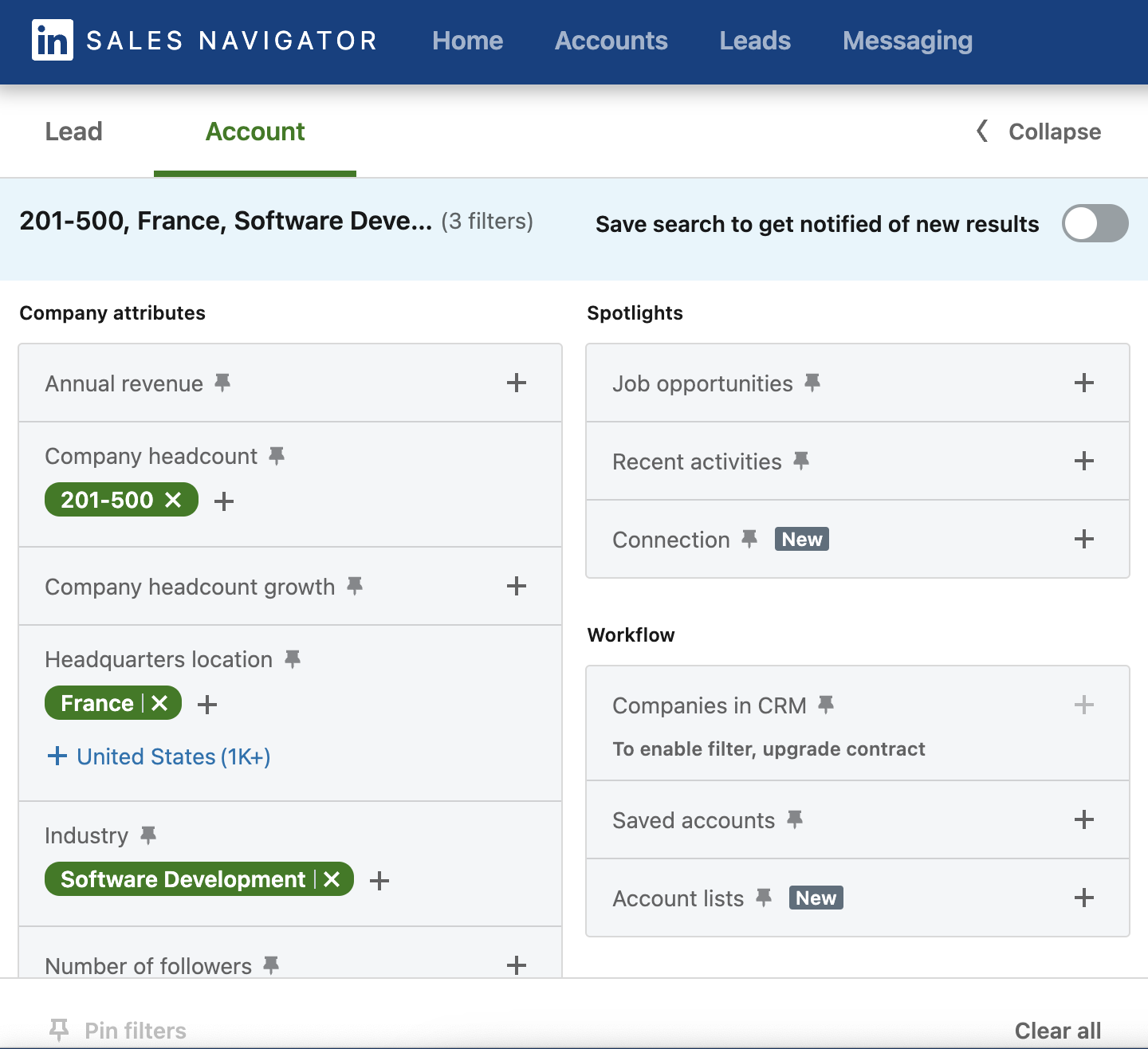 Example of segmentation on Sales Navigator