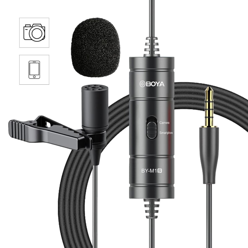 BOYA UPGRADED BY-M1S LAVALIER AUXILIARY MICROPHONE WITHOUT BATTERY OMNIDIRECTIONAL LAPEL MIC FOR IPHONE DSLR CAMERA ANDROID SMARTPHONE CAMCORDERS AUDIO RECORDERS PC LAPTOP RECORDING (BLACK)