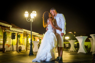 Bride and groom embracing on their wedding day at Hôtel BAMBOU** Martinique | Caribbean wedding and honeymoon