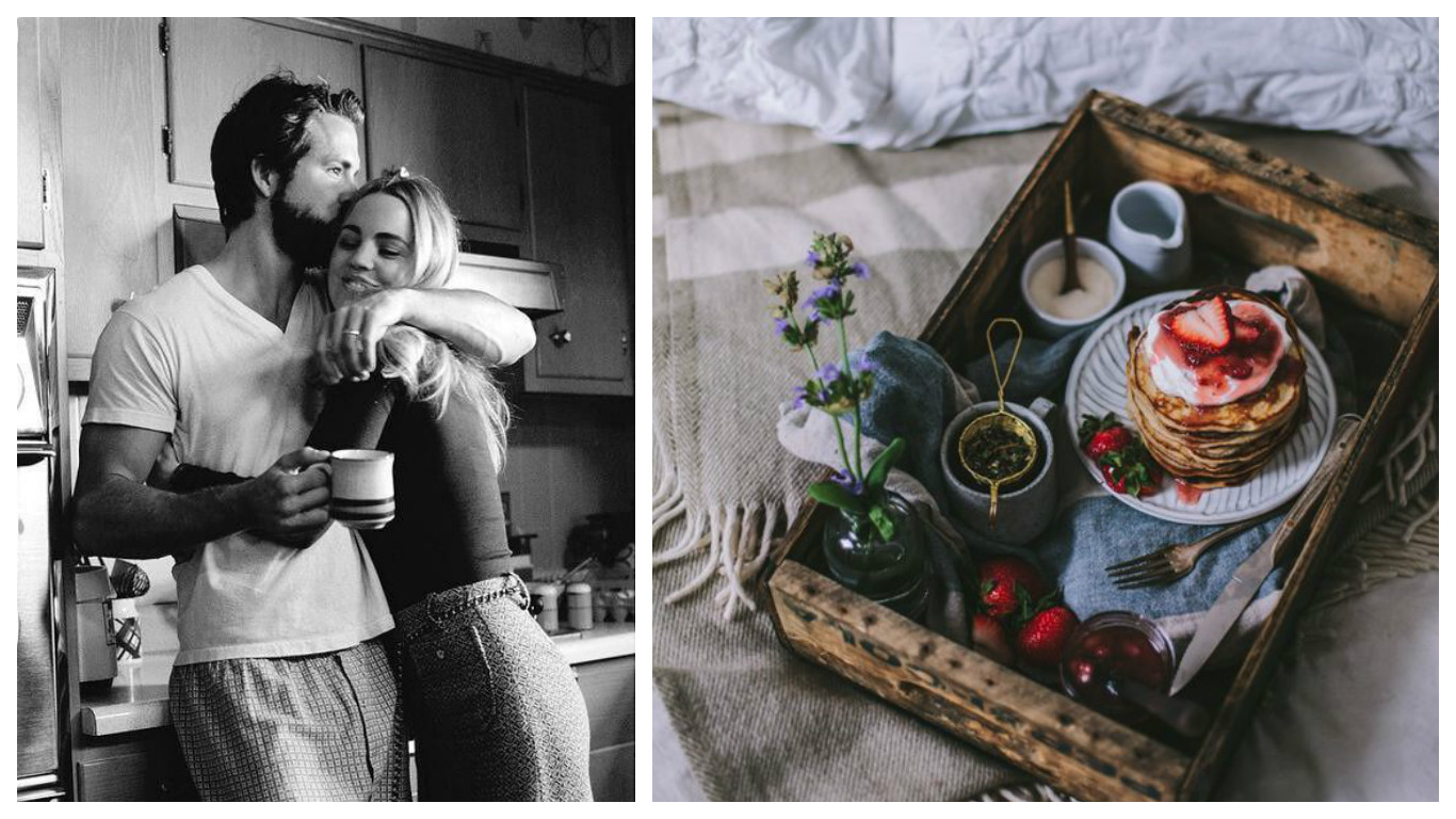 happy couple in love drinking coffee and pancakes for breakfast