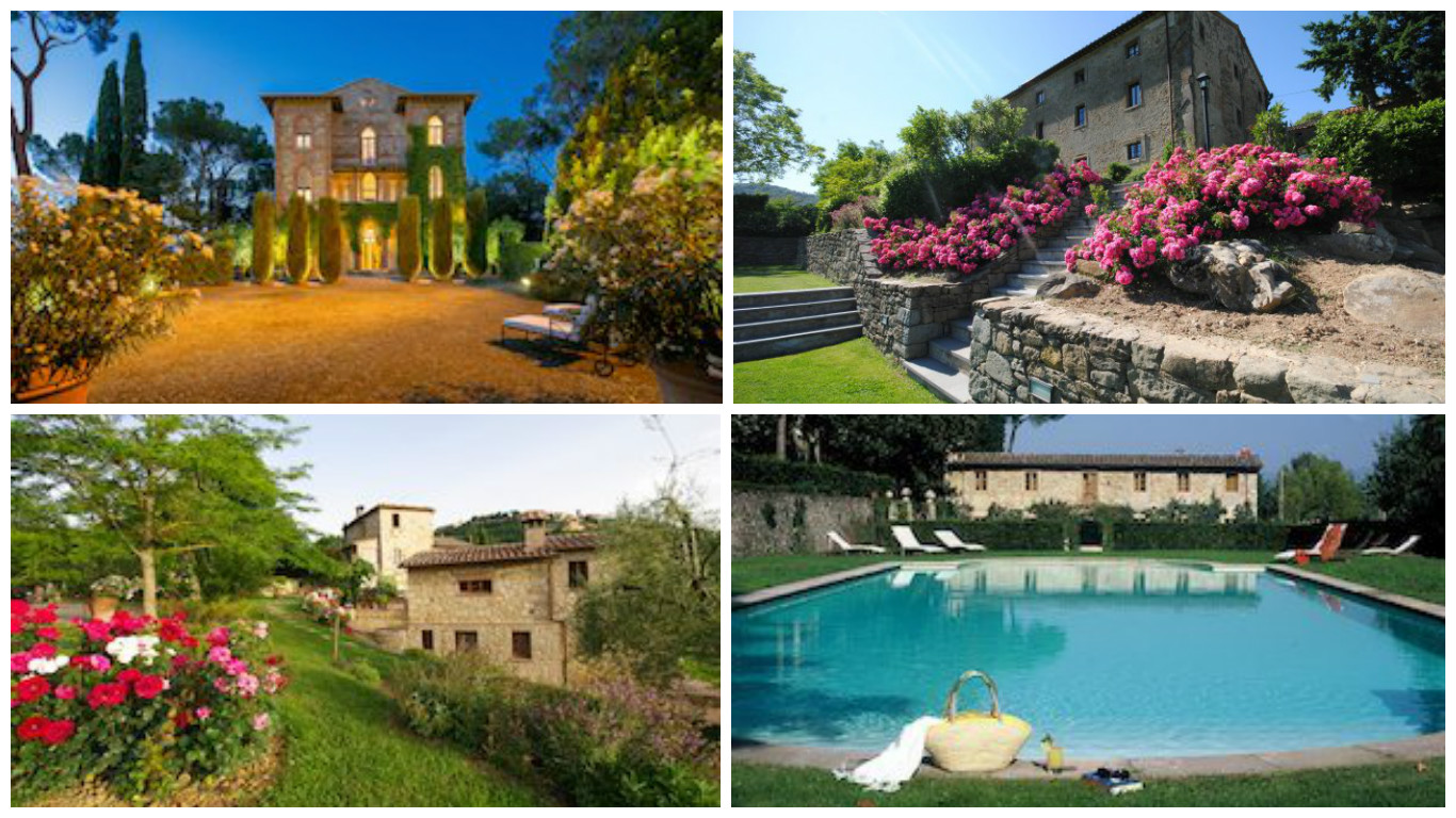 Collage of 4 images of Villas in Tuscany, Italy, and outdoor swimming pools 