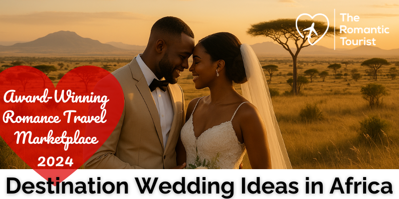 Newlywed couple at sunset in African savannah with acacia trees