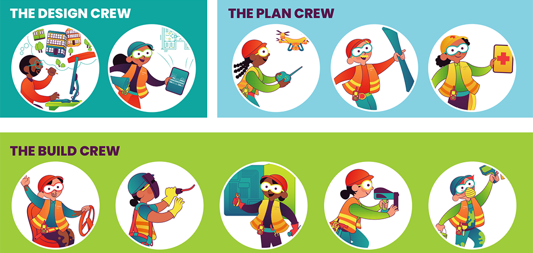 Graphic teal square with text The Design Crew and 2 images of construction workers in circle frames. Graphic blue rectangle to the right with text The Plan Crew and 3 images of construction workers in circle frames. Graphic green rectangle below with text The Build Crew and 5 images of construction workers in circle frames.