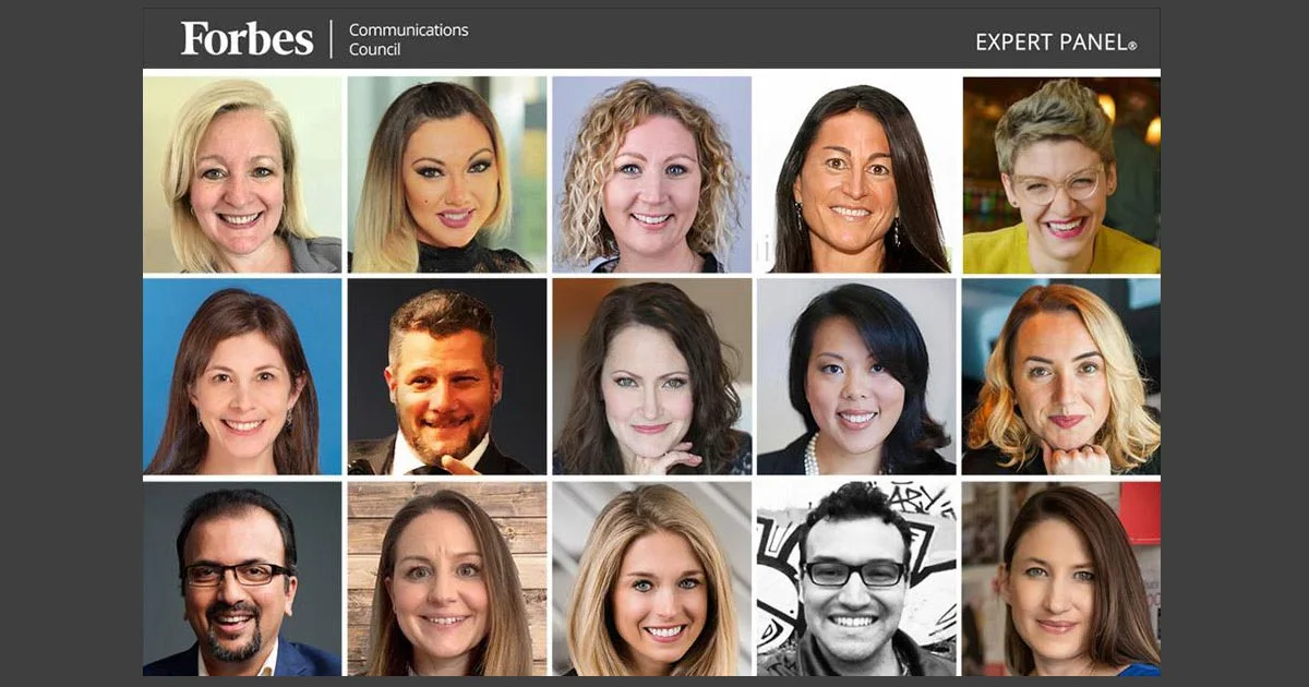 a collage of portraits of communications professionals with the Forbes logo