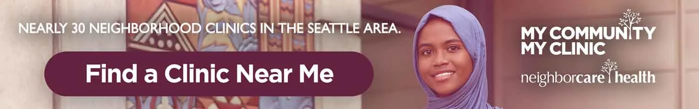 Neighborcare Health ad featuring smiling young woman in purple hijab and text Find a Clinic Near Me.