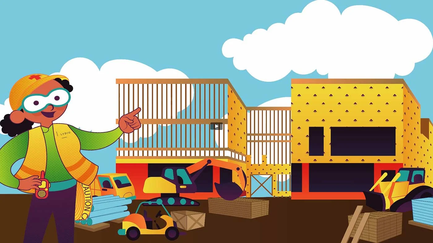 Animated graphic of woman in construction gear pointing at construction site with construction vehicles and materials behind her."