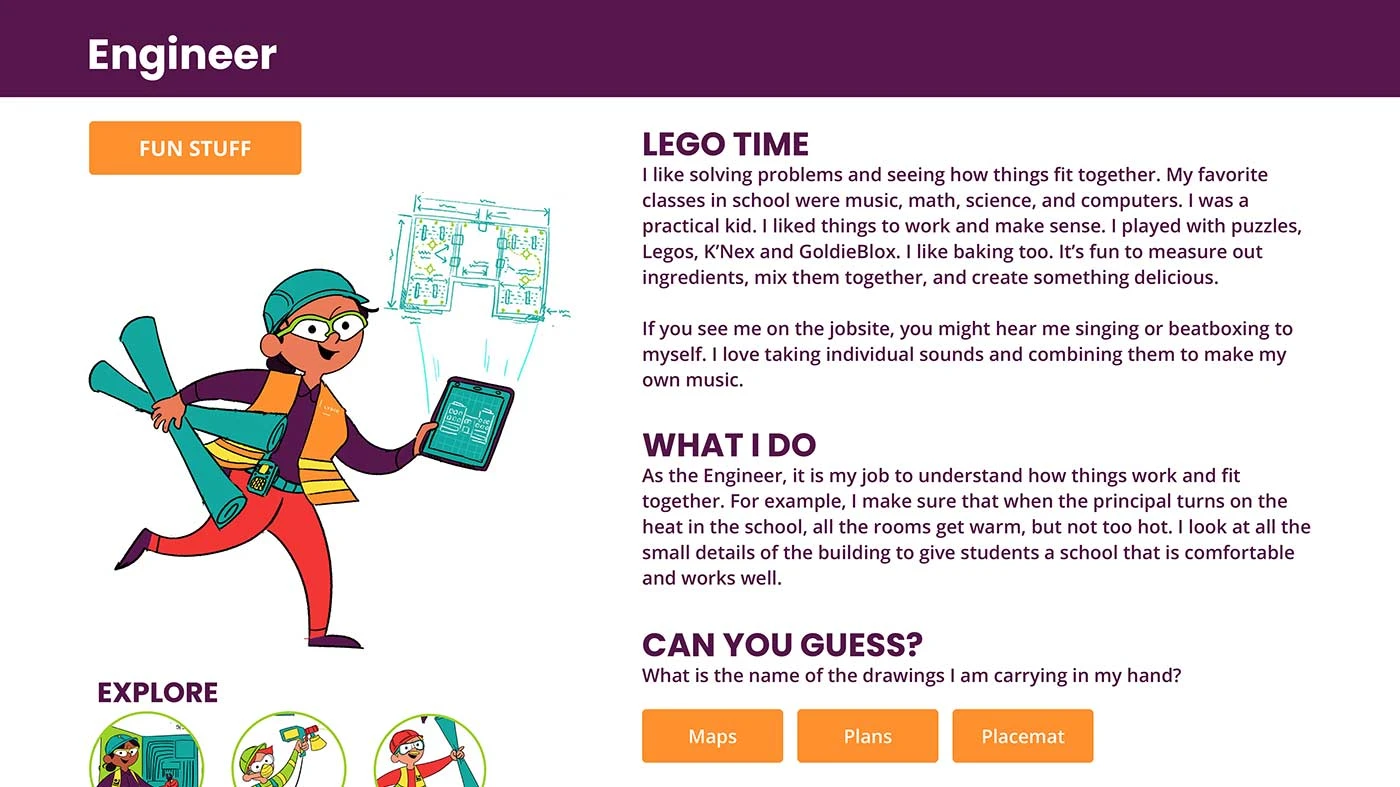 Section of the Learn with Lydig website featuring an illustration of an engineer, text description, and navigation buttons.
