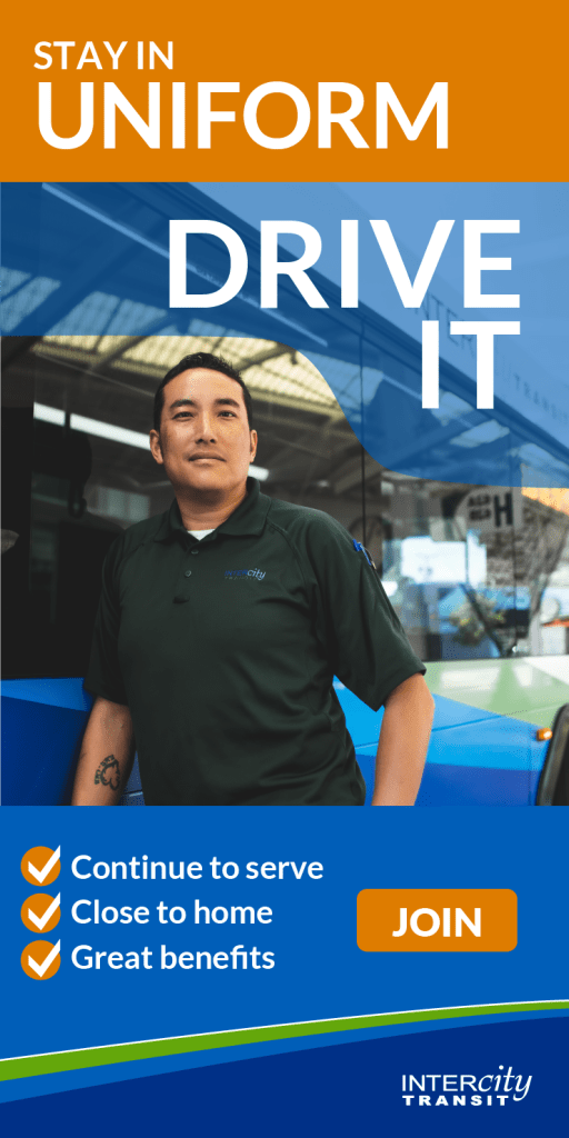 Advertisement with man in green shirt leaning against a bus with the text Stay In Uniform, Drive IT, continue to serve, close to home, great benefits, and a call to action that reads join
