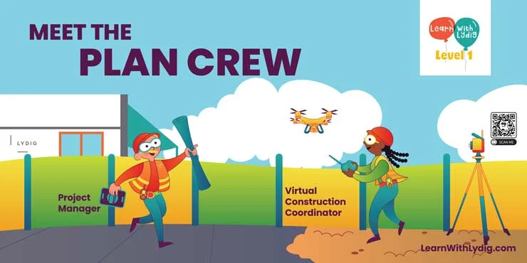 Illustration of a construction site entitled Meet the Plan Crew featuring a project manager in construction uniform walking towards a virtual construction coordinator who is flying a drone. In the background a building with Lydig logo on it.