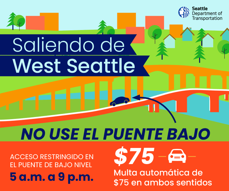 Don’t Go Low ad in Spanish with text Saliendo de West Seattle. No use el puetne bajo. $75 multa automatica de $75 en ambos sentidos. Acceso restringido en el puente de bajo nivel.