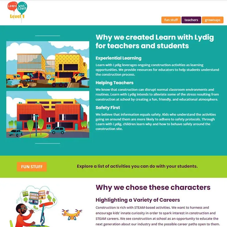 Section of the Learn with Lydig Website with text Why we created learn with lydig for teachers and students and 2 illustrations of animated pre and post construction buildings.