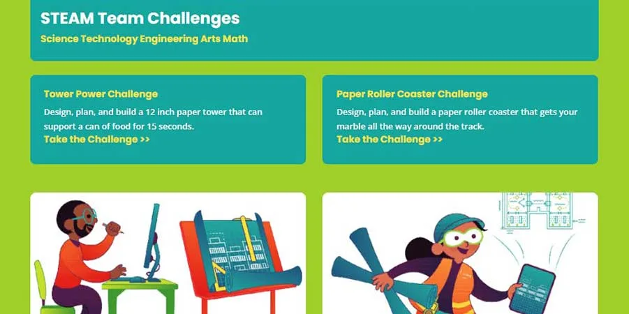 STEAM Team Challenges section of the Learn with Lydig website featuring illustrations of an architect man sitting at a desk drawing and woman in construction vest holding a plan set.
