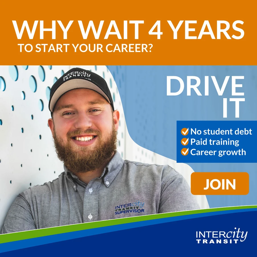 Advertisement with smiling man in grey shirt and black baseball cap leaning against a wall with the text Why wait 4 years to start your career, Drive IT, no student debt, paid training, career growth, and a call to action that reads join