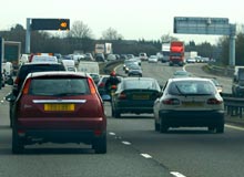 A motorway, information boards