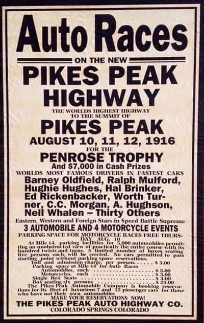 pikes-peak-hill-climb-poster-1916 poster promoting the 1916 pikes peak hill climb race