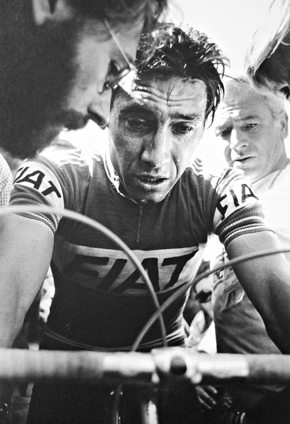 Eddy Mercx at the finish of the Alpe d'Huez stage in the 1977 Tour de France.
