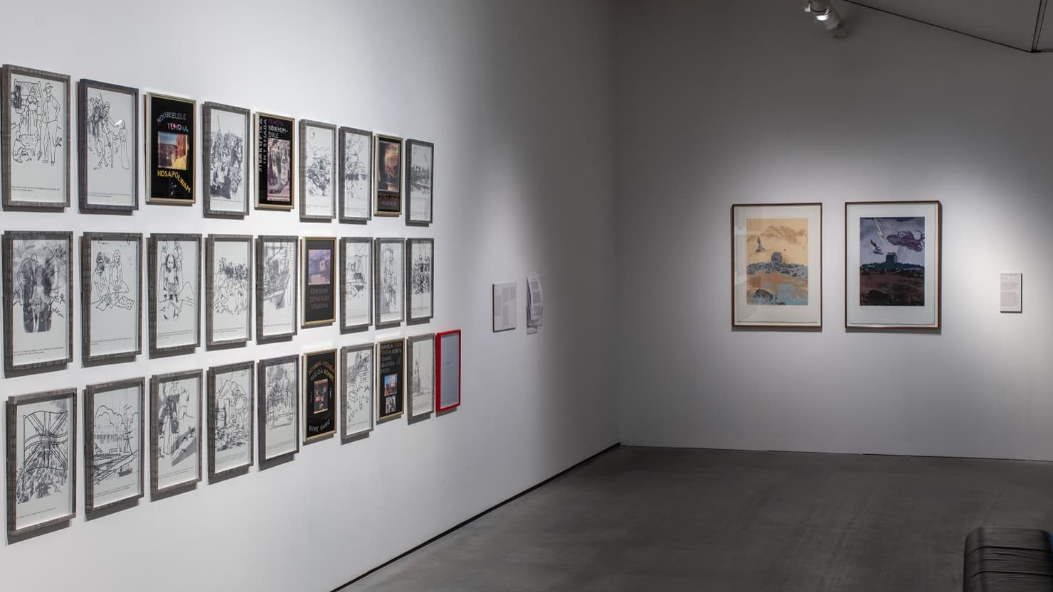 Prints on display in 'Sue Williamson: Between Memory and Forgetting' at The Box in 2023