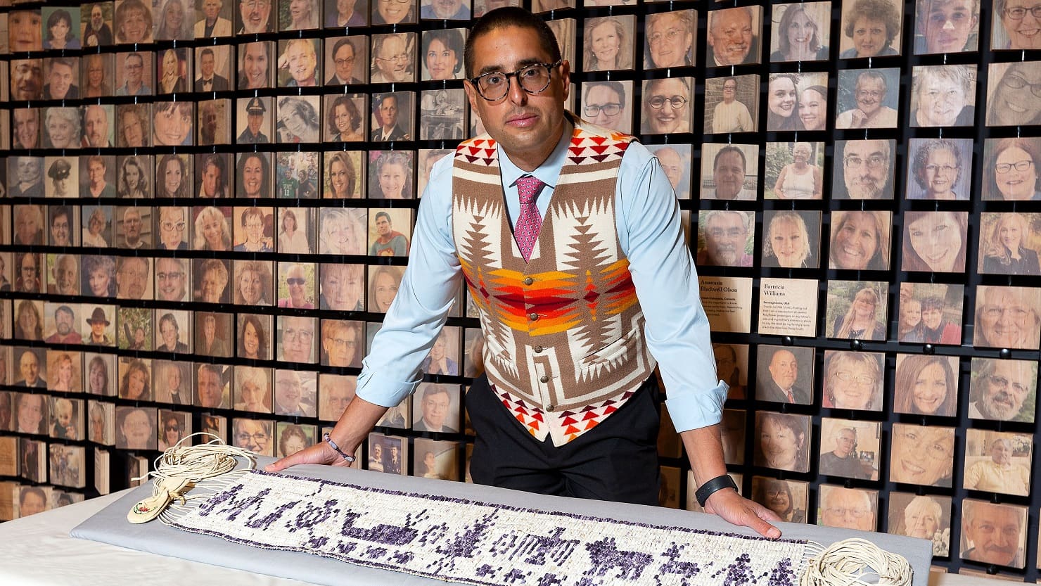 Steven Peters from the Wampanoag with the wampum belt
